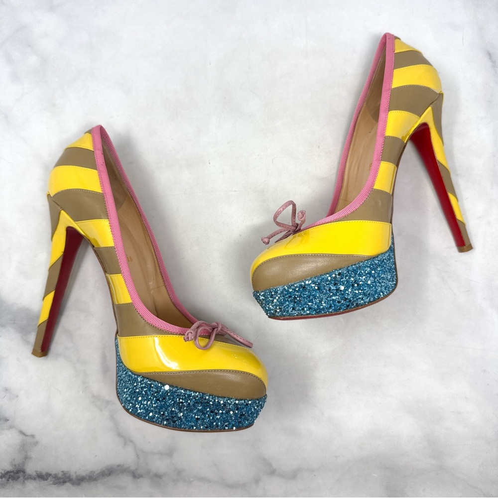 Christian Louboutin Foraine 140 Bow Striped Leather Glitter Platform Pumps Heels - Picture 8 of 16